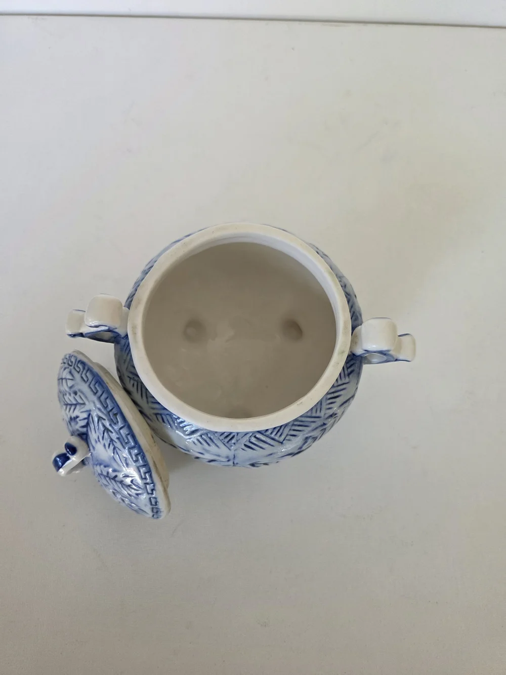 Vintage Krasna Aukro Blue and White Ceramic Lidded Sugar Jar with Leaf Motif